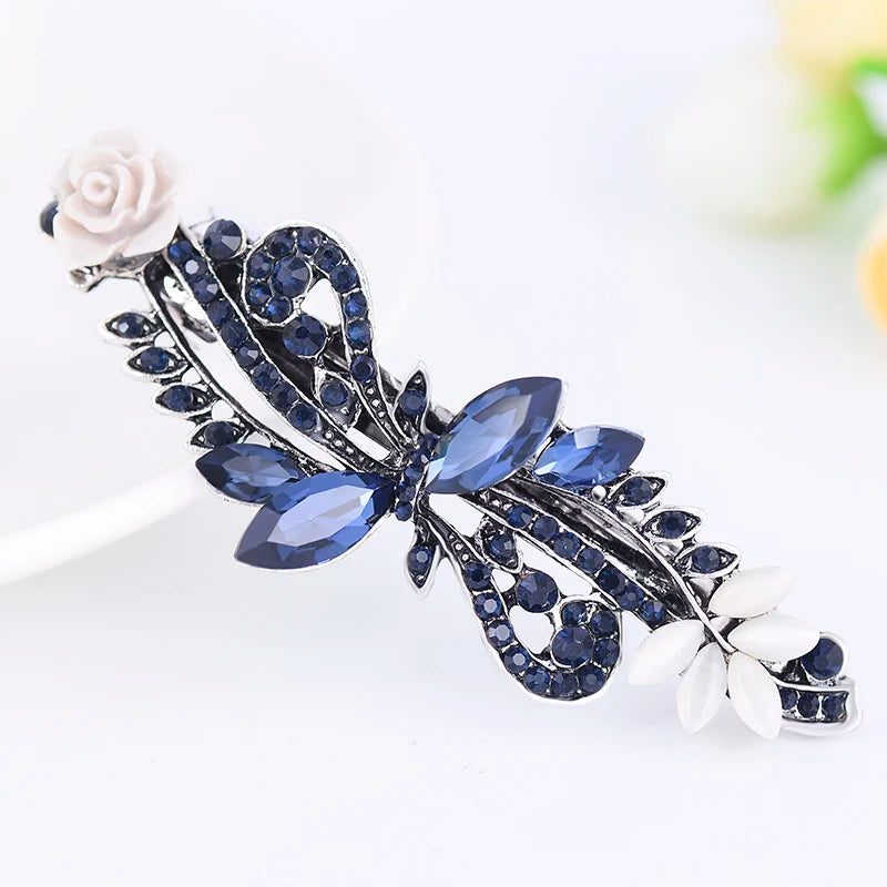 Elegant Blue Rhinestone Flower Hair Clips for Women - Crystal Fashion Barrettes by EASYA