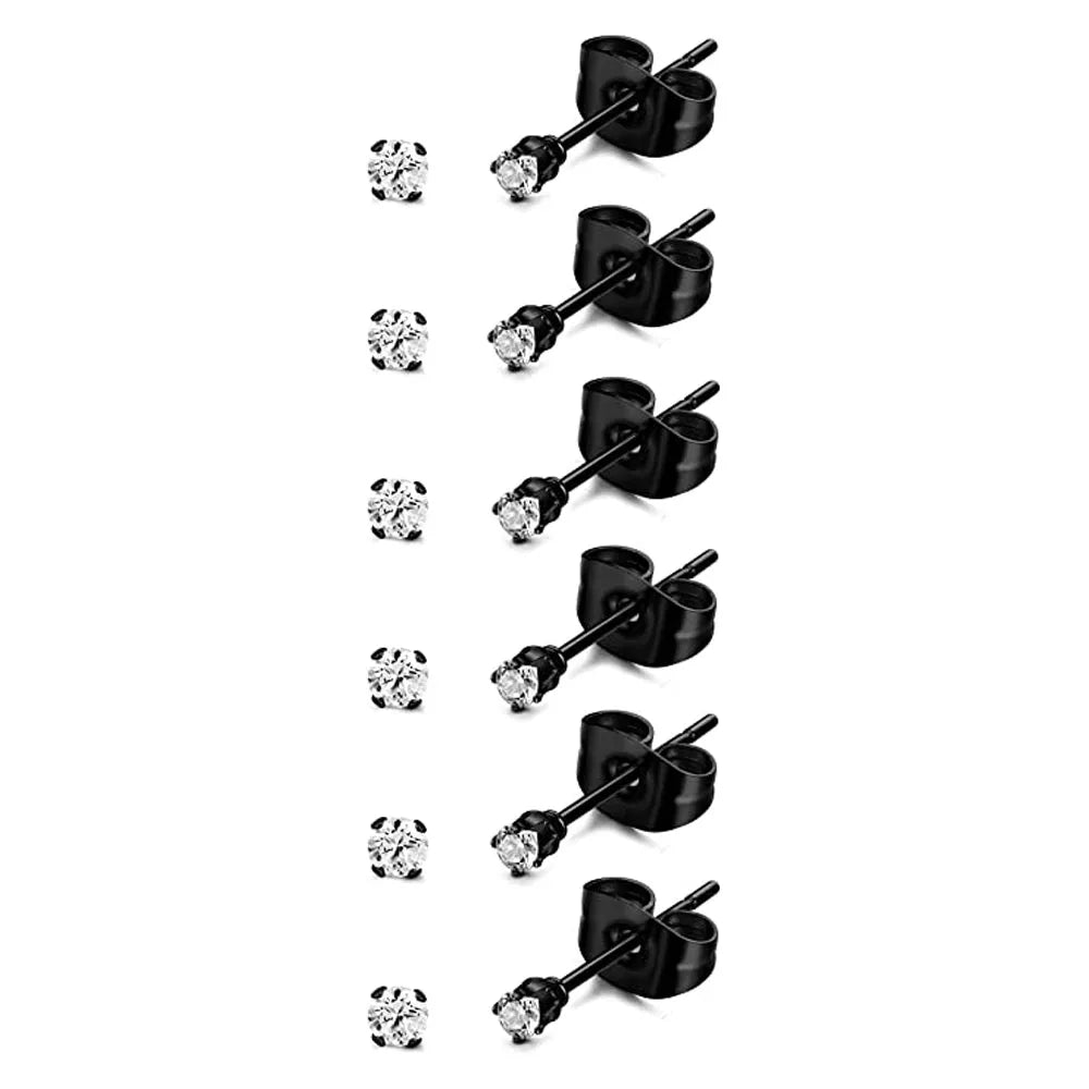 6 Pairs Tiny 2mm Stainless Steel Stud Earrings Set for Men and Women with CZ Round Ball Design