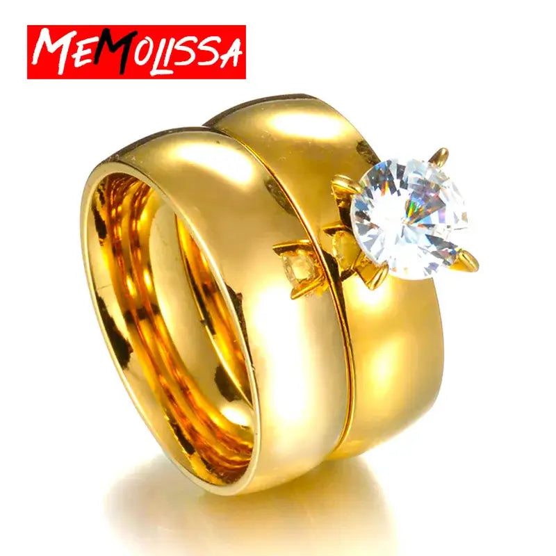 MeMolissa Luxury Clear Stone Crystal Wedding Rings Gold Plated Stainless Steel Jewelry