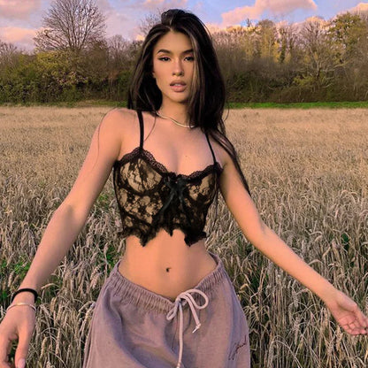 Dozw Goth Lace Crop Top Women Back Zip Sexy Double Layer