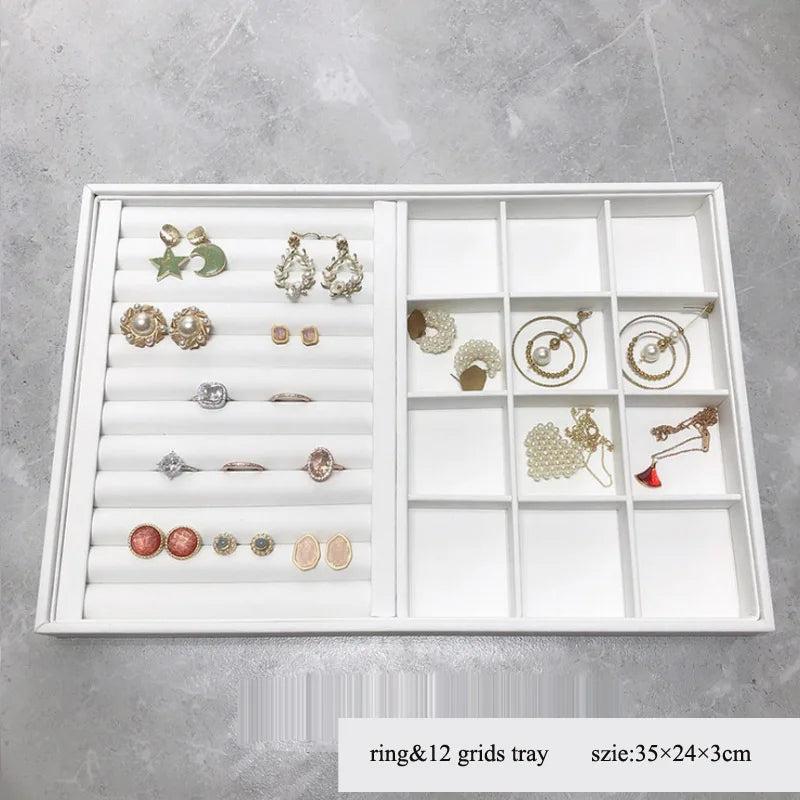 Elegant White PU Leather Jewelry Display Tray with Necklace and Ring Holder