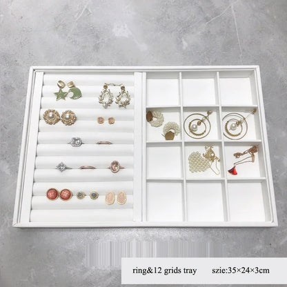 Elegant White PU Leather Jewelry Display Tray with Necklace and Ring Holder