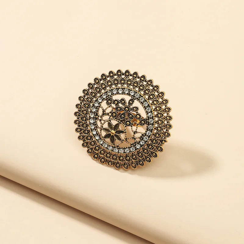 Elegant Turkish Vintage Gold Flower Ring for Women - Antique Ethnic Zircon Alloy Jewelry Gift