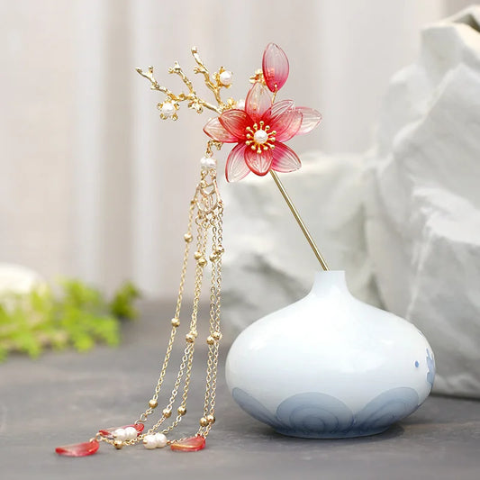 Elegant Gold Red Floral Pearl Long Tassel Hairpins Bridal Chinese Wedding Headpiece