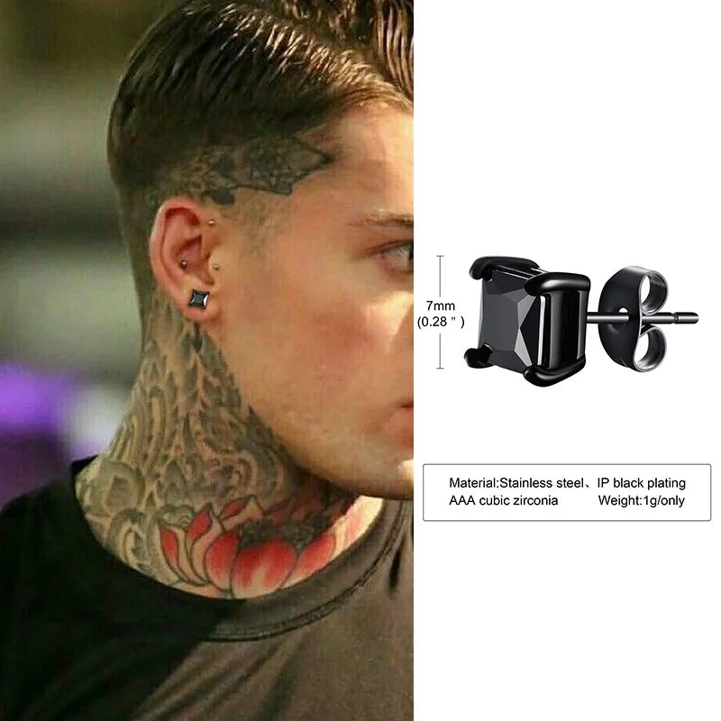 Men's Square CZ Stud Earrings in Stainless Steel with Butterfly Push Back Closure