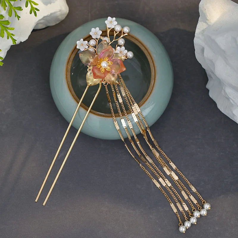 Elegant Gold Red Floral Pearl Long Tassel Hairpins Bridal Chinese Wedding Headpiece