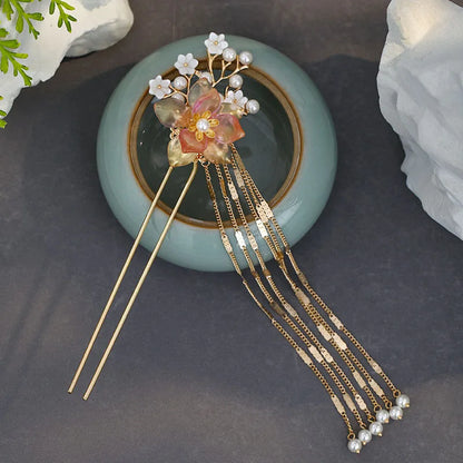 Elegant Gold Red Floral Pearl Long Tassel Hairpins Bridal Chinese Wedding Headpiece