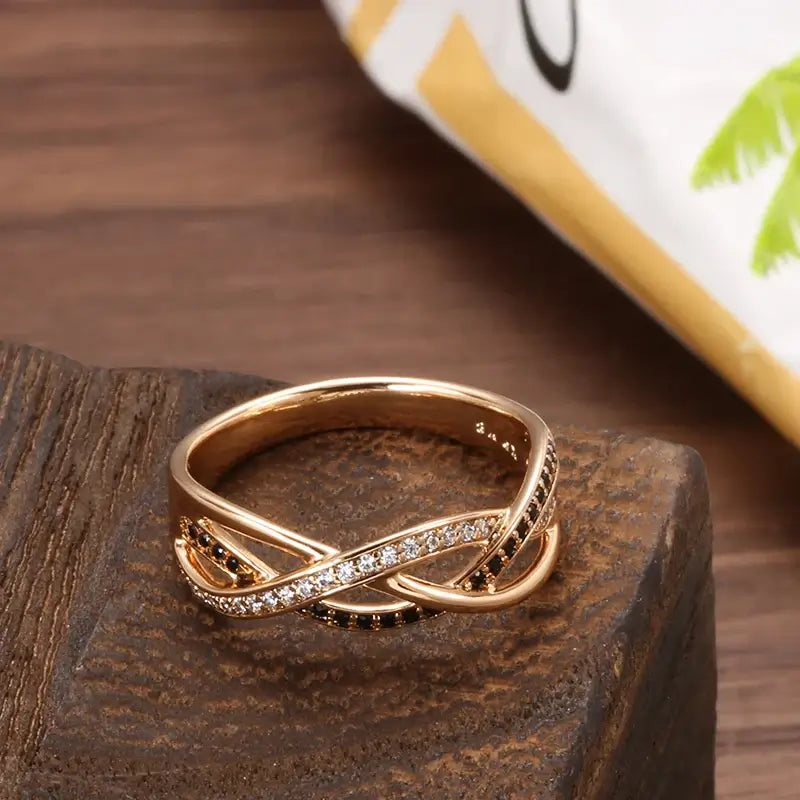 Luxury 18k Rose Gold Black Diamond Geometric Wedding Ring Rose Gold