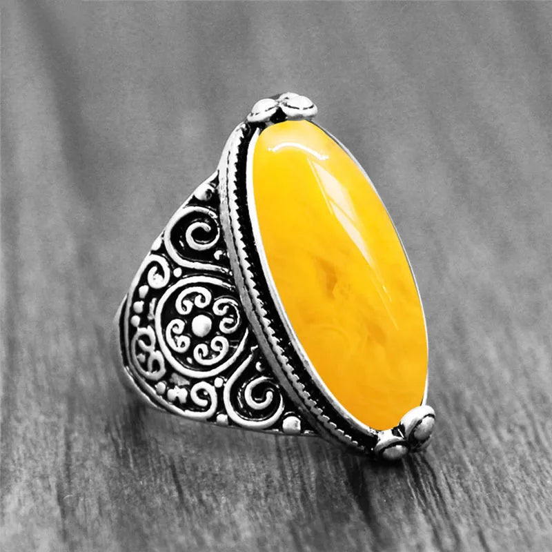Vintage Eye Shape Resin Stone Ring for Women Silver Plated Antique Flower Design