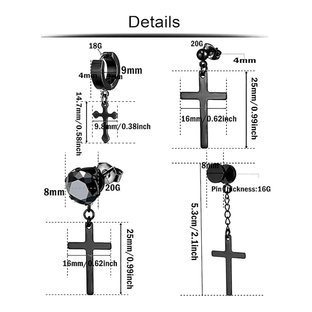 Men's Black Stainless Steel Zirconia Cross Earrings Set - Trendy Punk Style Piercing Jewelry