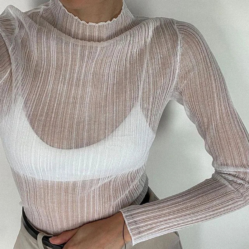 Women Sheer Mock Neck Long Sleeve Top Chic Fall 2024