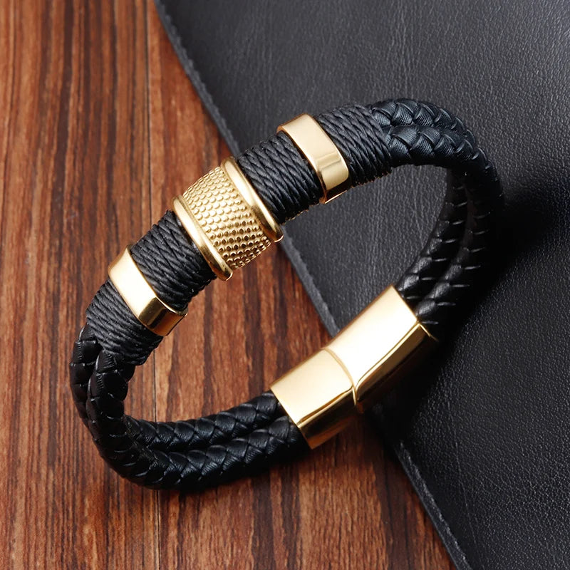 Men's Hand-Woven Leather Bracelet with Stainless Steel Charm