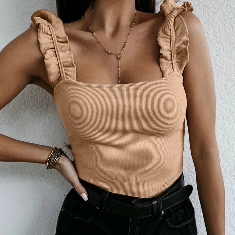 Women Knit Tank Top Square Collar Ribbed Ruffles Sleeveless