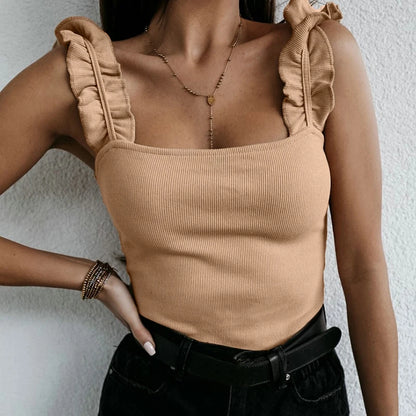 Women Knit Tank Top Square Collar Ribbed Ruffles Sleeveless
