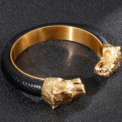 Gold Lion Head Stainless Steel Open Bangle Bracelet for Men with Adjustable Leather Strap