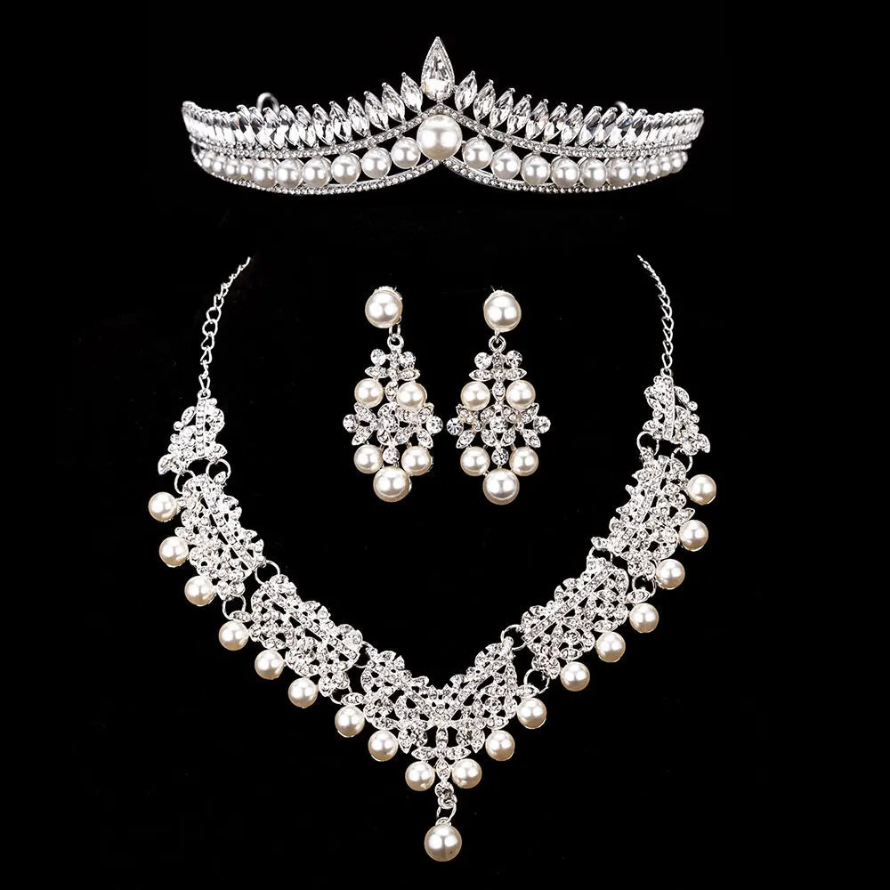 Bride's Crystal Pearl Jewelry Set - Stunning Rhinestone Choker, Earrings & Tiara for Your Dream Wedding H027 3PCS Pearl