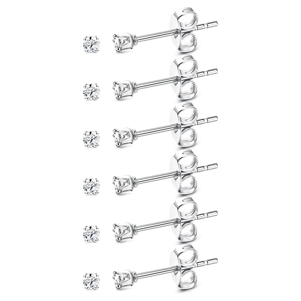 6 Pairs Tiny 2mm Stainless Steel Stud Earrings Set for Men and Women with CZ Round Ball Design
