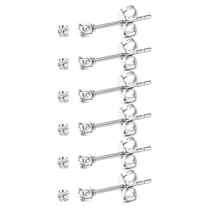 6 Pairs Tiny 2mm Stainless Steel Stud Earrings Set for Men and Women with CZ Round Ball Design