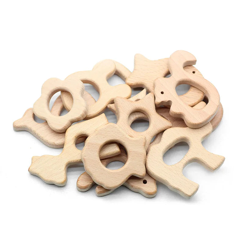 Natural Beech Wood Baby Teethers Set in Animal Shapes - Tortoise, Koala, Whale, Turtle - Food Grade Newborn Toys