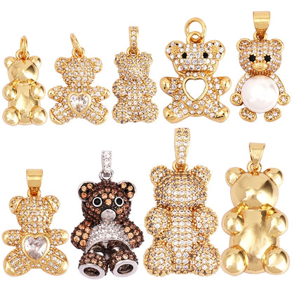 Cute Gold Bear Charm Pendant with Pearl Cubic Zirconia for Jewelry Making Supplies