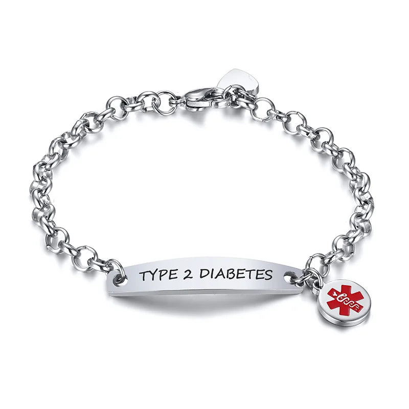 Elegant Customizable Enamel Medical ID Bangle Bracelet for Women with Stainless Steel Rolo Chain