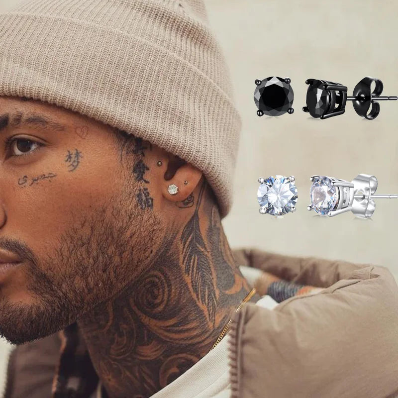 Men's Square CZ Stud Earrings in Stainless Steel with Butterfly Push Back Closure