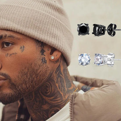 Men's Square CZ Stud Earrings in Stainless Steel with Butterfly Push Back Closure