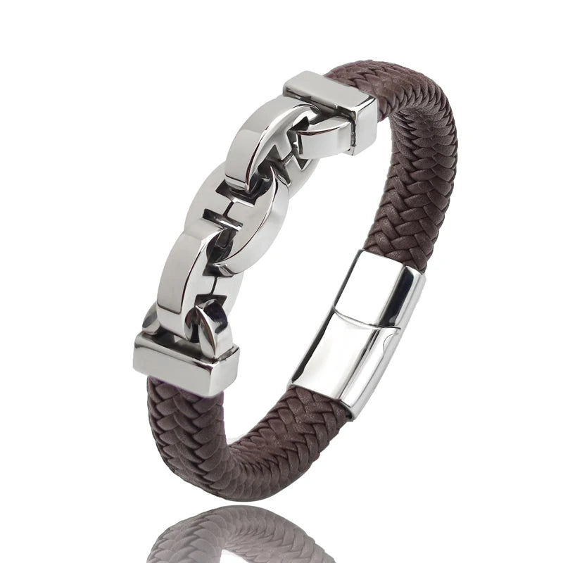 Men's Leather Braided Bracelet with Black Stainless Steel Beads - Stylish Punk Bangle for Men
