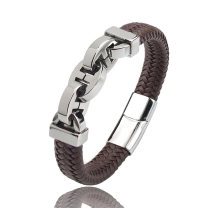 Men's Leather Braided Bracelet with Black Stainless Steel Beads - Stylish Punk Bangle for Men