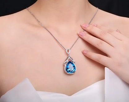 Elegant Water Drop Aquamarine Silver Necklace for Women - Romantic 925 Pendant Ideal for Weddings and Gifts