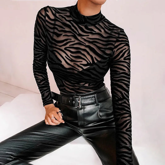 Black Mesh See Through Bodysuit Long Sleeve Mock Neck Slim