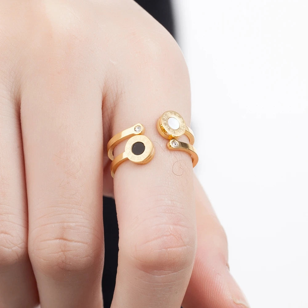 TYO Roman Numerals Stainless Steel Crystal Rings for Unisex Fashion Engagement