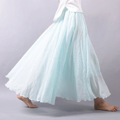 Boho Linen Cotton Maxi Skirt Elastic Waist Beige Pink