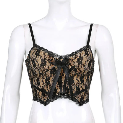 Dozw Goth Lace Crop Top Women Back Zip Sexy Double Layer