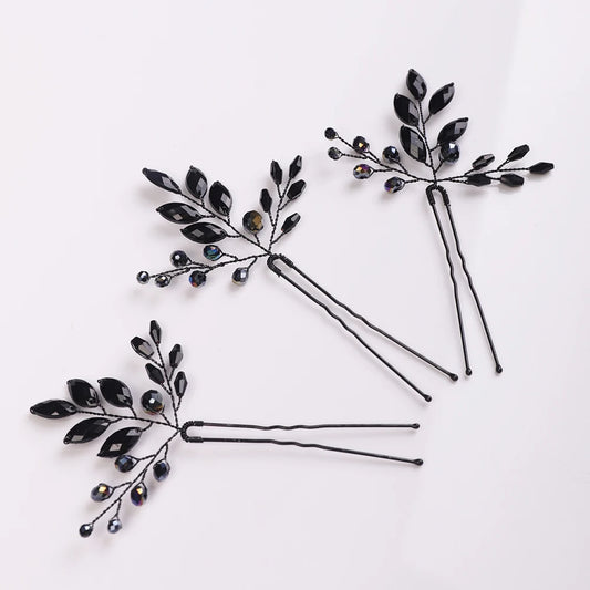 Elegant Black Crystal Bridal Hairpins Wedding Tiara Headdress Accessories