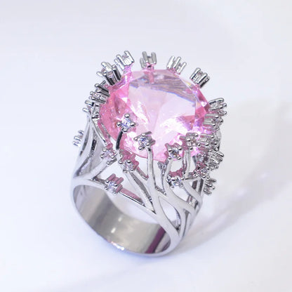 New 925 Sterling Silver Exaggerated Pink Crystal Zircon Ring for Women Elegant Wedding Jewelry Gift