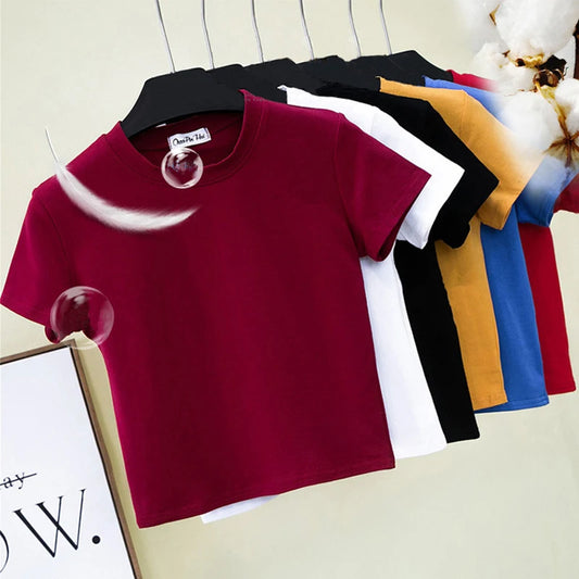 Cotton Crop Top Women O Neck Short Sleeve Slim Fit Soft