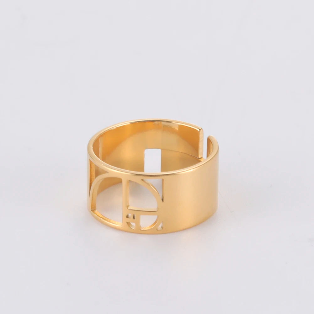 Lemegeton Geometric Fibonacci Spiral Adjustable Stainless Steel Ring for Women 18K Gold Plated Amulet Jewelry
