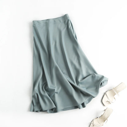 Summer Satin Midi Skirt Women High Waist Elegant Office