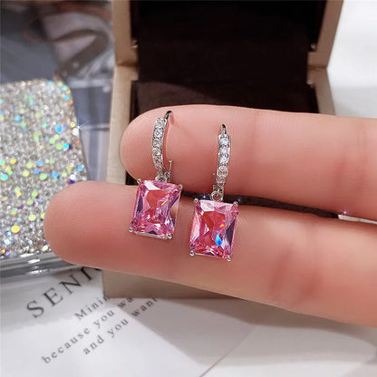 Huitan Elegant Square Princess Cut Zircon Drop Earrings for Women Trendy Geometric Design