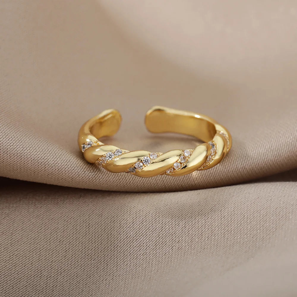 Gold Zircon Stainless Steel Geometric Open Ring for Women