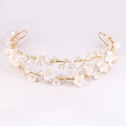 Elegant Crystal Wedding Headband Crown with Handmade Ceramic Flowers
