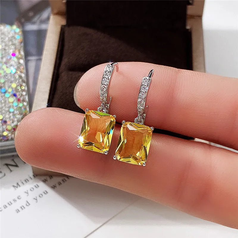 Huitan Elegant Square Princess Cut Zircon Drop Earrings for Women Trendy Geometric Design