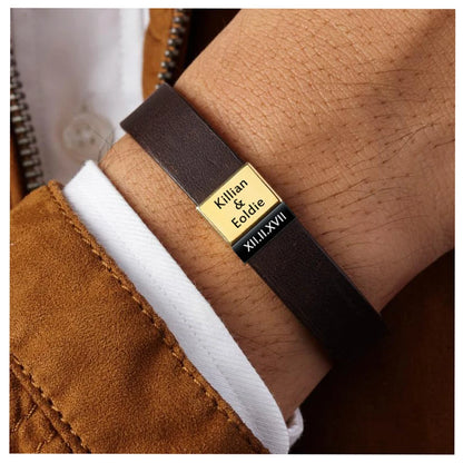 Custom Engraved Leather Bracelet for Men - Personalized Anniversary Gift with Kids Names or Coordinates
