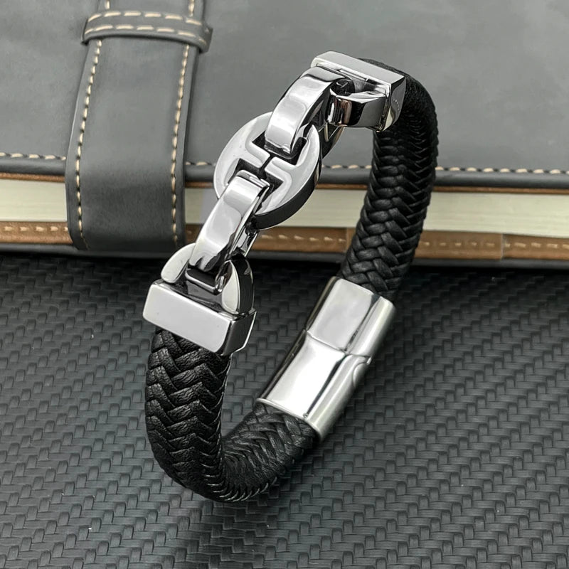 Men's Leather Braided Bracelet with Black Stainless Steel Beads - Stylish Punk Bangle for Men