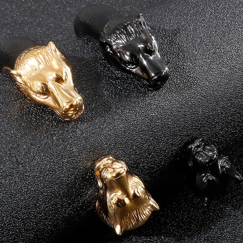 Gold Lion Head Stainless Steel Open Bangle Bracelet for Men with Adjustable Leather Strap