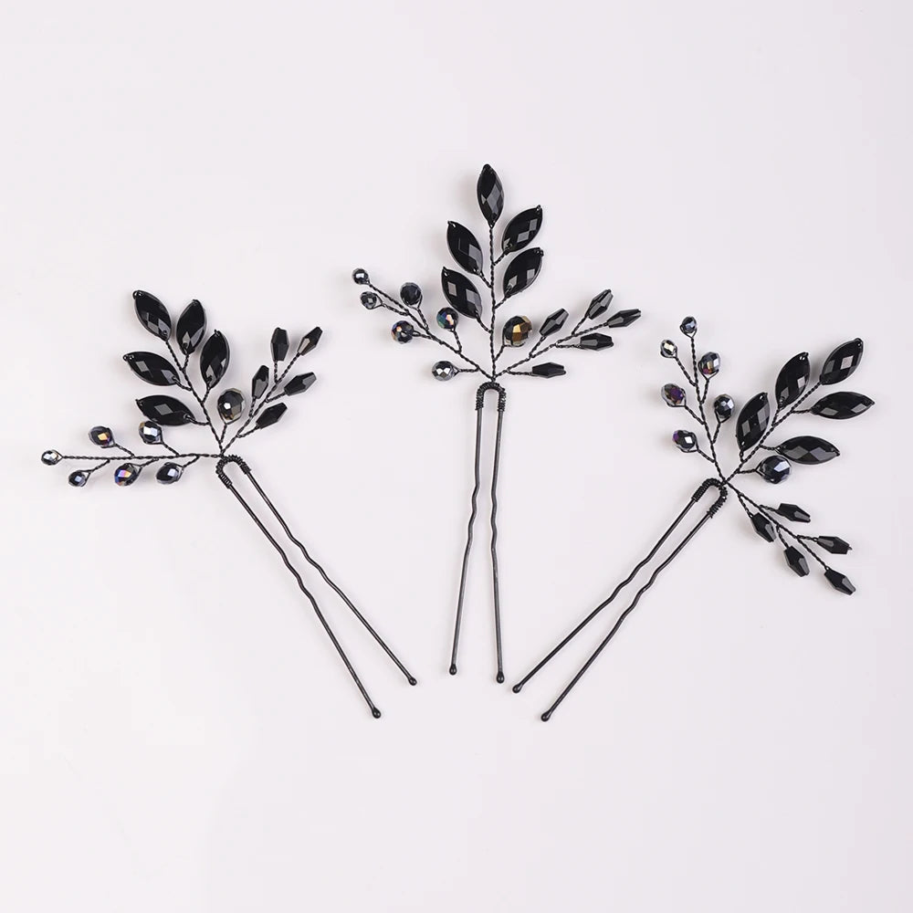 Elegant Black Crystal Bridal Hairpins Wedding Tiara Headdress Accessories