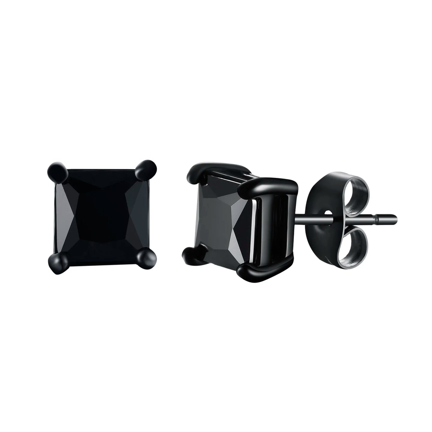 Men's Square CZ Stud Earrings in Stainless Steel with Butterfly Push Back Closure