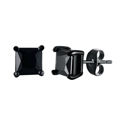 Men's Square CZ Stud Earrings in Stainless Steel with Butterfly Push Back Closure