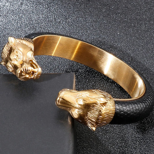Gold Lion Head Stainless Steel Open Bangle Bracelet for Men with Adjustable Leather Strap